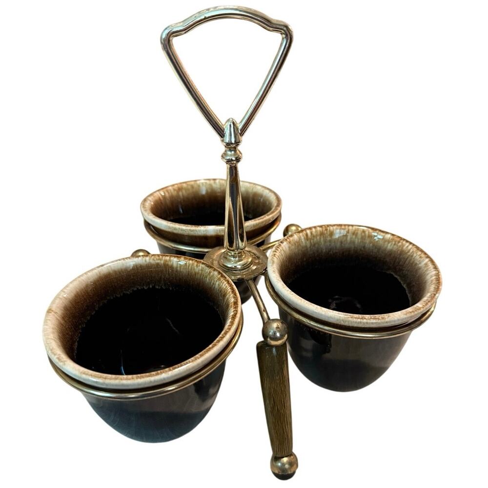 MCM Brown Drip Glaze Condiment Caddy • Wood & Metal • 3 Removable Bowls • 8”H